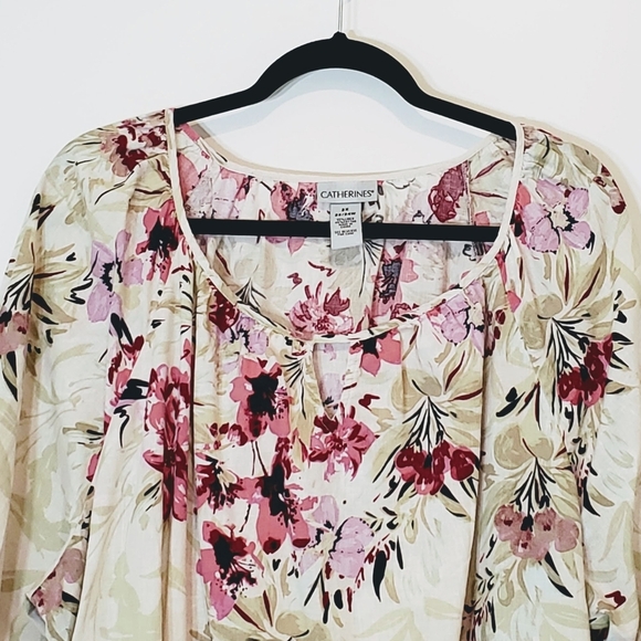 Catherine's Linen & Cotton Tunic Size 2X  22/24W Ivory Green Pink Flowers - Picture 3 of 14